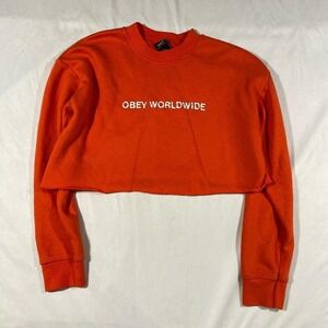 Obey Worldwide Orange‎ Cropped Crewneck Sweatshirt Small Streetwear Pullover